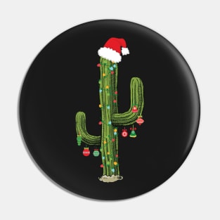 Cactus Christmas Tree Lights Wearing Santa Hat Pin