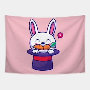 Cute Rabbit Eating Carrot In Magician Hat Cartoon Tapestry