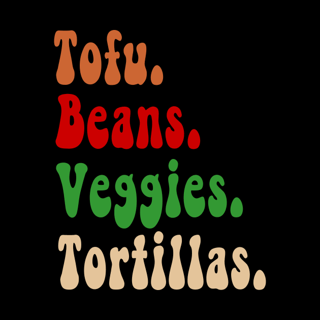 Tofu. Beans. Veggies. Tortillas. Vegan burrito ingredients by Rocky Ro Designs