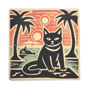 Black Cat Lino Cut Hawaiian Sunset T-Shirt