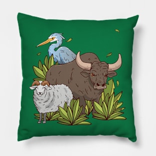 Sheep Bison Bird Hand Drawn Pillow