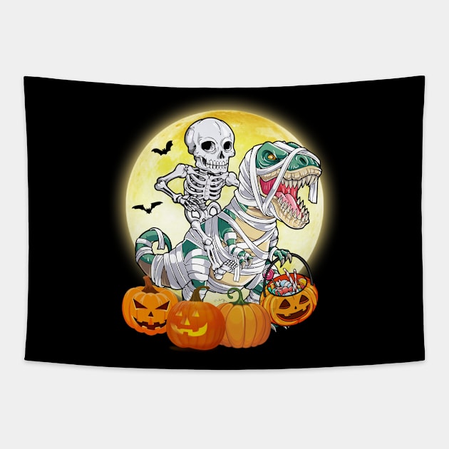 Skeleton Riding Mummy Dinosaur T rex Funny Halloween Pumpkin Tapestry by Creative Design