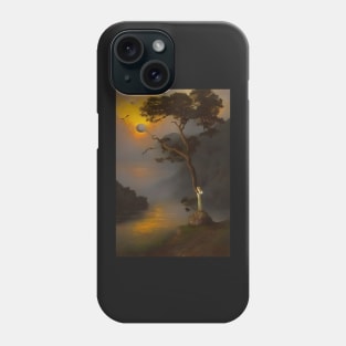 Surreal Tranquil Dark Landscape Lonely with Waters and a Tree by the Mountains Phone Case