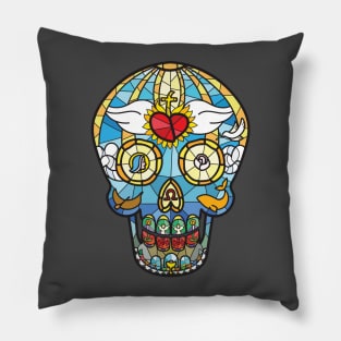 Mexican Calavera Skull in Stained Glass Theme Pillow