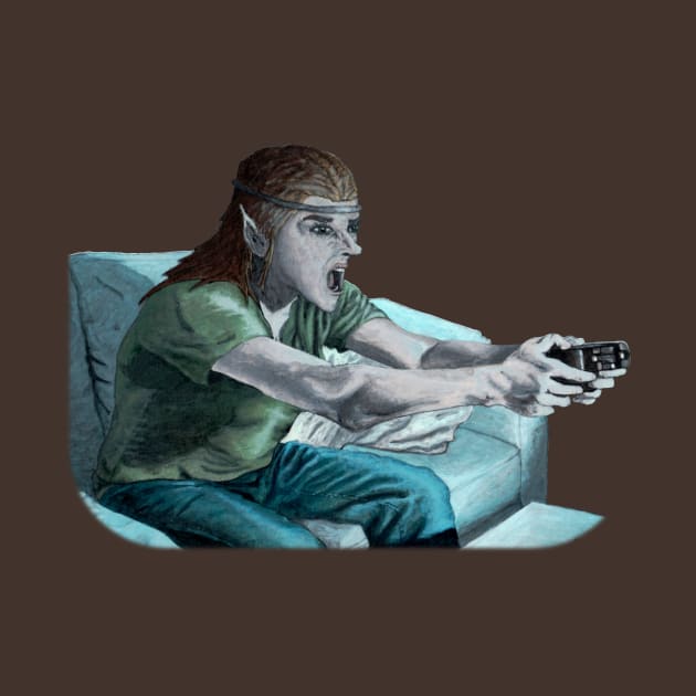 Elf Gamer Playing Video Games by Helms Art Creations