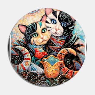 Cat Couple with Flowers : A Louis Wain abstract psychedelic Art Print Pin