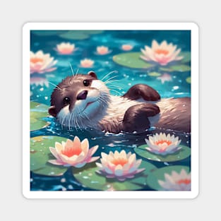 Kawaii Anime Otter Swimming With Water Lily Magnet