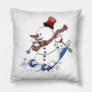 A snowman on skies with a red hat Pillow