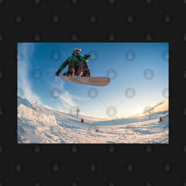 Snowboarder jumping against blue sky by homydesign