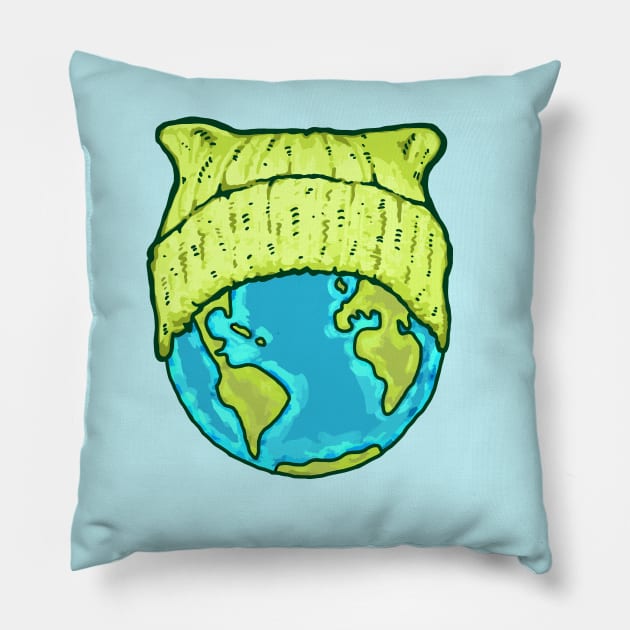 Green Cat Hat Earth Pillow by Jitterfly