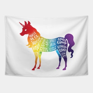 Rainbow Unicorn on Black - Fantasy Butcher - Cuts of Meat Tapestry