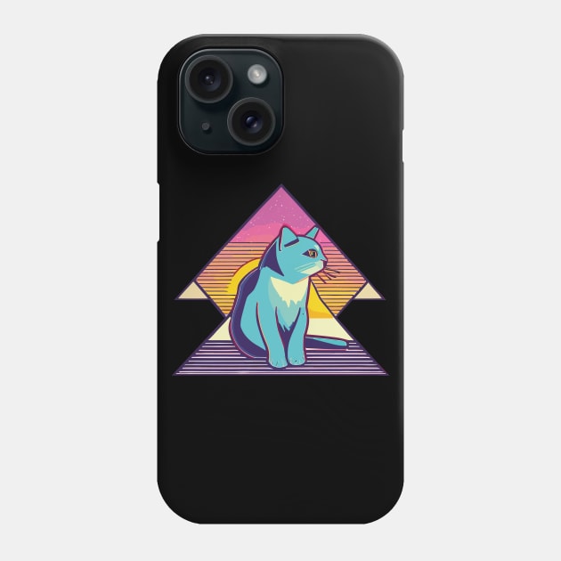 Vintage 80s Geometric Cat with Sunset Phone Case by Jabir