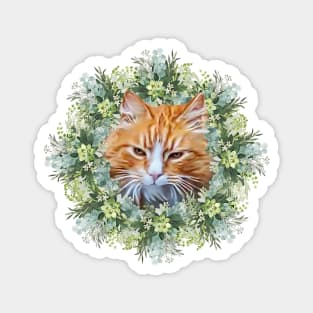 Handsome Orange Tomcat with Leafy Flower Background, Digital Cat Painting Magnet