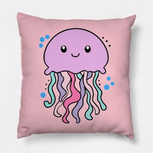 Happy smiling baby jellyfish with bubbles. Kawaii cartoon Pillow