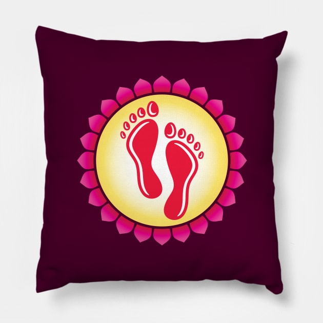 Sacred Footprint Sign in Hindu Religion in a Circle Created with Pink Lotus Petals Pillow by GeeTee