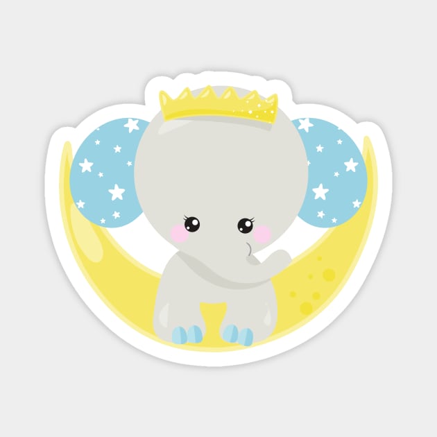 Cute Elephant, Elephant On The Moon, Crown, Stars Magnet by Jelena Dunčević