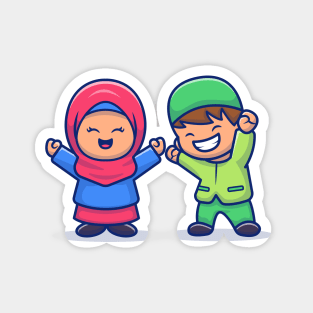 Girl And Boy Moslem Celebrating Eid Mubarak Cartoon Illustration Magnet