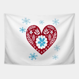 Winter Scandinavian Design on White Background Cute Simple Nordic Heart and Snowflakes Tapestry