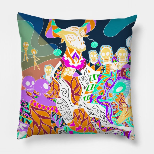 the goat and the coven in mexican alien pattern ecopop Pillow by jorge_lebeau