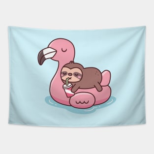 Cute Sloth Chilling On Pink Flamingo Pool Float Tapestry