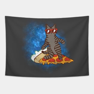 Galaxy cat surfing on pizza slice Tapestry