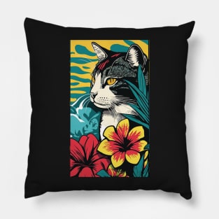 American Shorthair Cat Vibrant Tropical Flower Tall Retro Vintage Digital Pop Art Portrait 2 Pillow