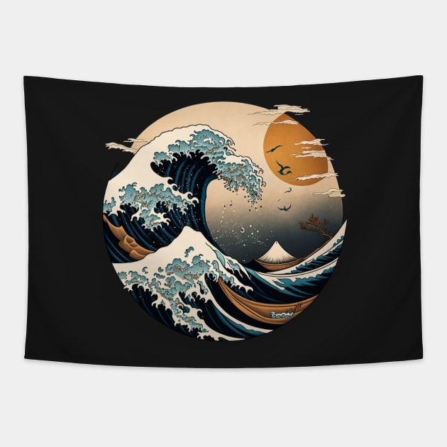 Sunset during the great wave off katsushika hokusai Tapestry by MeatLuvers
