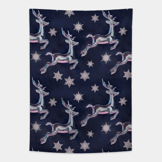 Silver Snowflakes & Happy Reindeer in Navy Blue & Pink Tapestry by micklyn