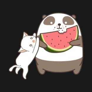 Panda Eating Watermelon with Cute Cat T-Shirt