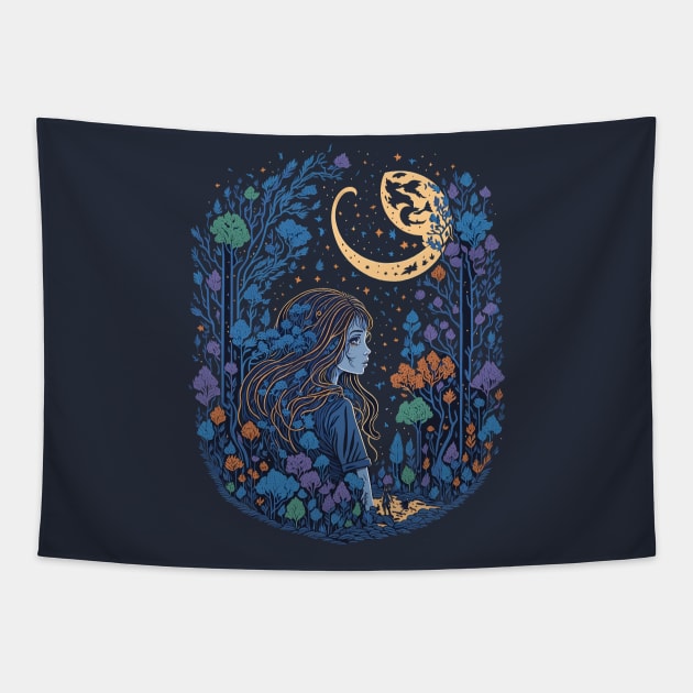 Cute Girl in the Woods at Night Time Tapestry by ElMass