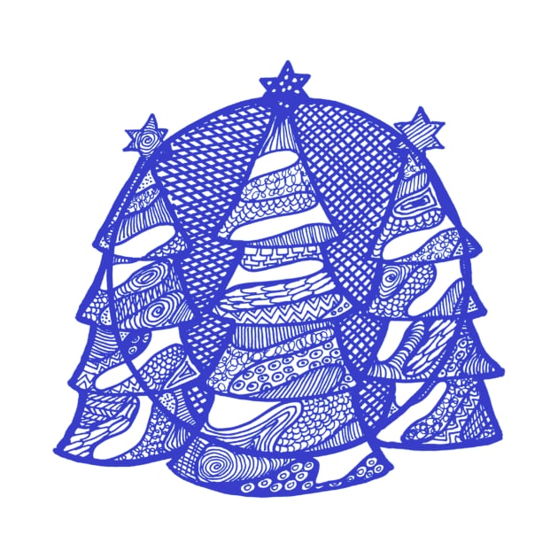 Christmas fir trees in blue ink by Puddle Lane Art