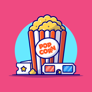 Popcorn, 3D Glasses And Ticket Cartoon Vector Icon Illustration T-Shirt