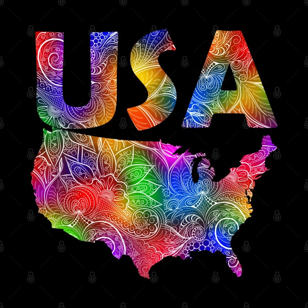 Colorful mandala art map of the United States of America with text in multicolor pattern by Happy Citizen