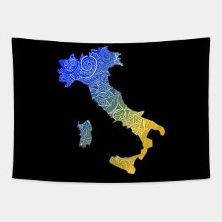 Colorful mandala art map of Italy with text in blue and yellow Tapestry