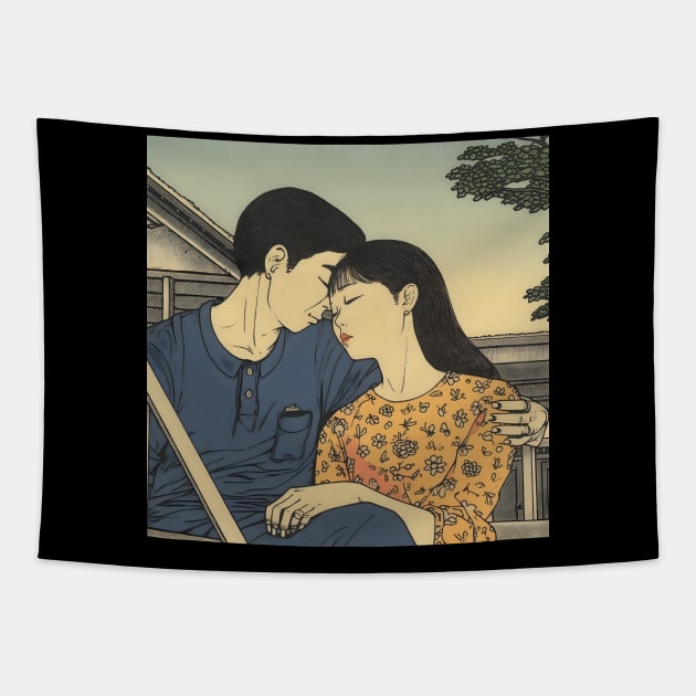 Pretty Asian Couple Hugging and Kissing on the Bench Tapestry by KOTYA