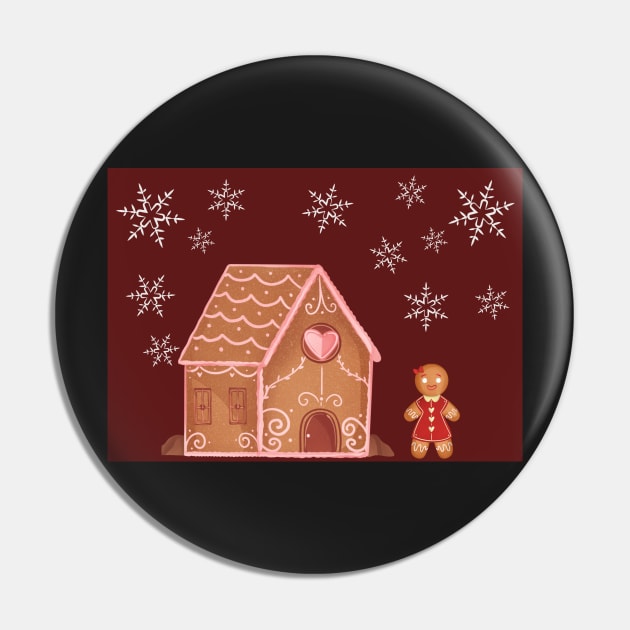 Festive gingerbread house and woman Pin by LukjanovArt