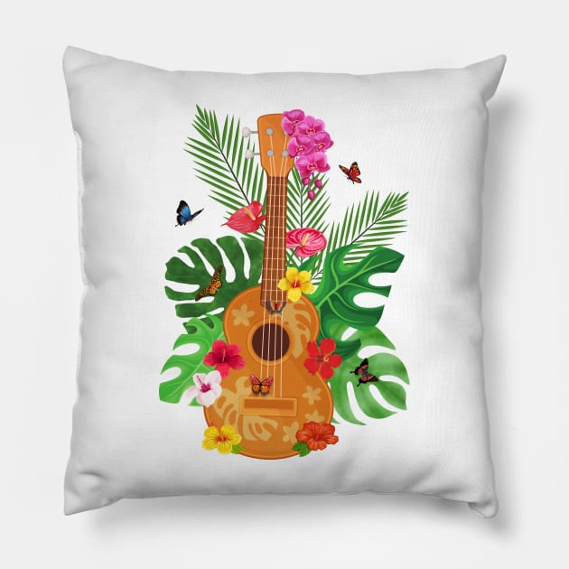 Hawaiian Ukulele Hibiscus Butterflies Pillow by soulfulprintss8