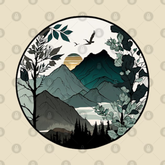 beautiful mountain view, vintage style by teehood