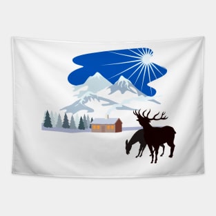 House in Winter Snow Mountains Deer Silhouette Tapestry