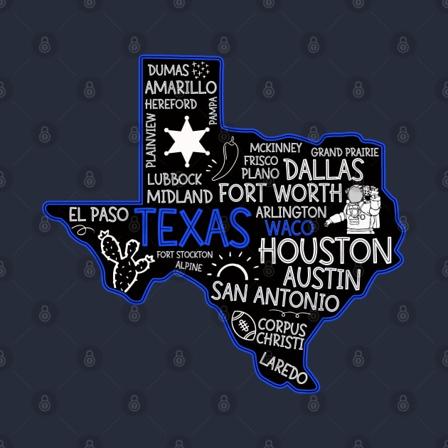 Waco Texas cute map Houston San Antonio Dallas Austin Fort Worth El Paso by BoogieCreates