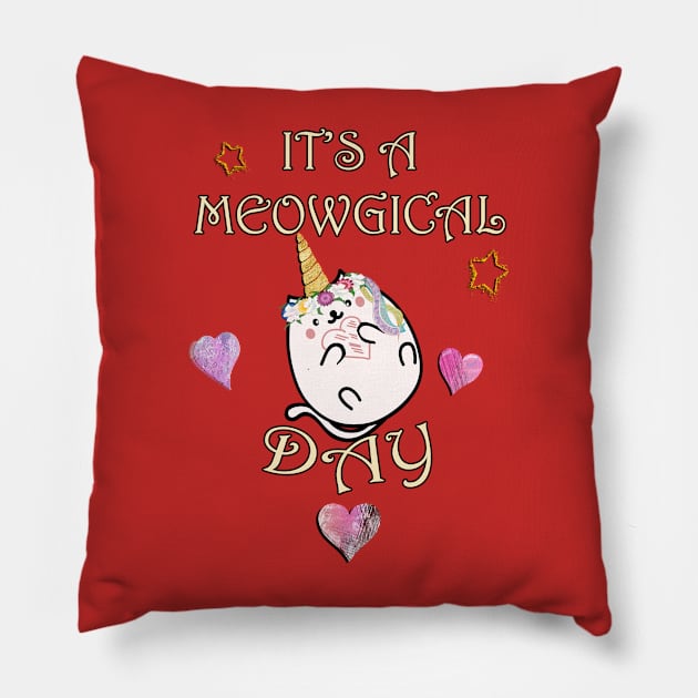 Valentines Day Unicorn Cat It’s A Meowgical Day! Heart & Stars Cat Valentine Pillow by tamdevo1