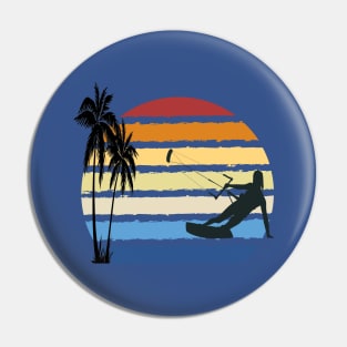 Kitesurfing Girl sailing into a retro Kitesurf sunset Pin