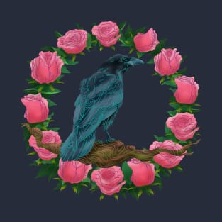 American Crow on Pink Roses T-Shirt