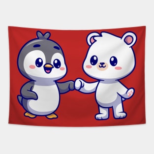 Cute Polar Bear With Penguin Cartoon Tapestry