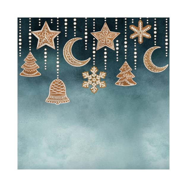 Gingerbread Christmas decorations seamless border. Ornate cookies star, moon, bell, snowflakes, Christmas tree watercolor illustration, Sweet winter décor by likapix