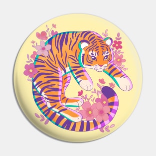 Colorful cartoon tiger with pink flowers Pin