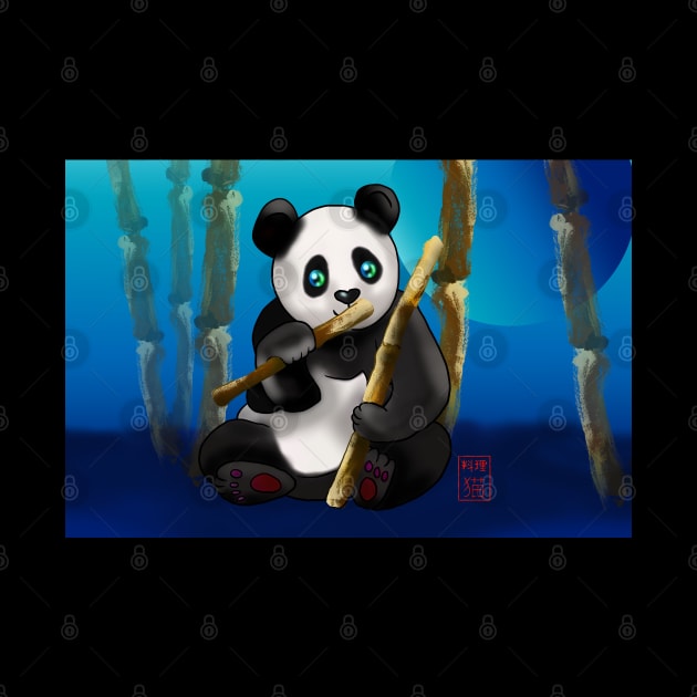 Adorably cute cartoon panda in a bamboo forest at night by cuisinecat