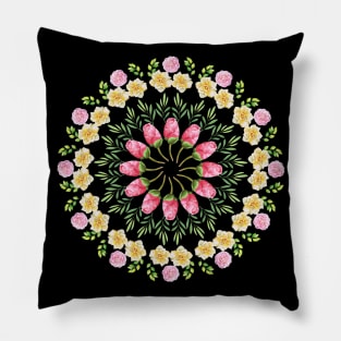 WHITE AND PINK AND YELLOW ROSES WITH GREENERY  WATERCOLOR MANDALA  ROSES Pillow