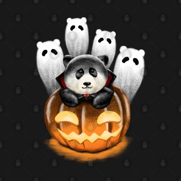 Cute Vampire Panda In A Pumpkin On Halloween Night by Luna Illustration
