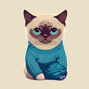 Siamese Cat Kitten in Knitted Jumper Playing with Wool T-Shirt